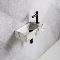 Guido Gusto Fonteinset Mia 40.5x20x10.5cm marmerlook wit geaderd grijs rechts inclusief fontein kraan, sifon en afvoerplug mat zwart
