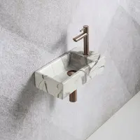 Guido Gusto Fonteinset Mia 40.5x20x10.5cm marmerlook wit geaderd grijs rechts inclusief fontein kraan, sifon en afvoerplug copper