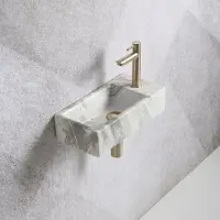 Guido Gusto Fonteinset Mia 40.5x20x10.5cm marmerlook wit grijs rechts inclusief fontein kraan, sifon en afvoerplug mat goud