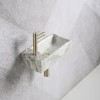 Guido Gusto Fonteinset Mia 40.5x20x10.5cm marmerlook wit grijs links inclusief fontein kraan, sifon en afvoerplug mat goud