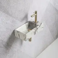Guido Gusto Fonteinset Mia 40.5x20x10.5cm marmerlook wit geaderd grijs rechts inclusief fontein kraan, sifon en afvoerplug mat goud