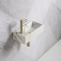 Guido Gusto Fonteinset Mia 40.5x20x10.5cm marmerlook wit geaderd grijs links inclusief fontein kraan, sifon en afvoerplug mat goud