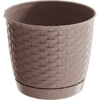 Prosperplast Ronde gevlochten plantenpot/bloempot kunststof dia 16.5 cm en hoogte 14 cm in het taupe