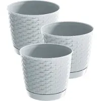 Prosperplast 4x stuks ronde gevlochten plantenpotten/bloempotten kunststof dia 16.5 cm en hoogte 14 cm in het parel wit