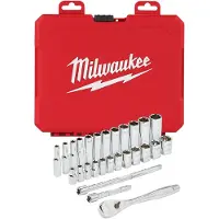 Milwaukee Ratel + doppen set 1/4 Drive 28 pc Ratchet + Socket Set Metric - 4932464943