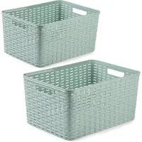 Forte Plastics Opbergboxen / opbergmandjes set - 5x stuks - rotan kunststof - groen - met inhoud 10 en 18 liter