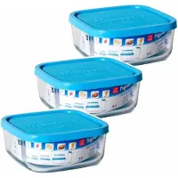 Bormioli Rocco 3x Bewaarbakjes/vershoudbakjes van glas vierkant met deksels 340 ml - Vershoudbakjes