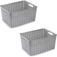 Merkloos 2x Kunststof geweven opbergbakken/opbergmanden zilver 18 liter - Opbergbox