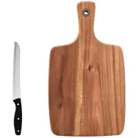 Zeller Rechthoekige acacia houten snijplanken met handvat 32 cm inclusief RVS broodmes 33 cm - Snijplanken