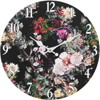 Clayre & Eef Wandklok Ø 34 cm Zwart Groen MDF Bloemen Muurklok Zwart Muurklok