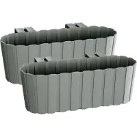 Prosperplast Set van 2x stuks kunststof rechthoekige balkon plantenbakken/bloembakken met haken grijs 38 cm - Plantenbakken