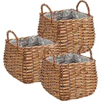 Ibergarden Set van 3x stuks plantenbak manden gevlochten riet met binnenmand 23 x 23 x 15 cm - Voor binnen/buiten
