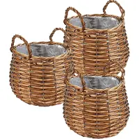 Ibergarden Set van 3x stuks plantenbak manden gevlochten riet met binnenmand 23 x 23 x 15 cm - Voor binnen/buiten