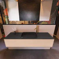 Mondiaz Erin 150cm badmeubel Rosee met 1 lade en zwarte wastafel midden 1 kraangat