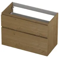 Ink Onderkast 90x45cm - Greeploos - 2 Lades Asymmetrisch - Fineer Natur - Badkamermeubels, Wastafelonderkasten - 8718835131449