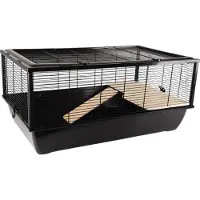 Flamingo Hamsterkooi – Elsa – caviakooi & dwergkonijnenkooi – kooi met platform en loopplank – metaal zwart & hout naturel – 77x47x36,5 cm – Europese kwaliteit