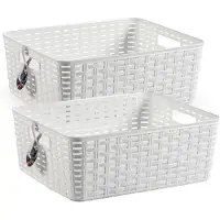 Forte Plastics 2x stuks rotan gevlochten opbergmand/opbergbox kunststof - Wit - 28 x 36 x 13.5 cm - Opbergbox