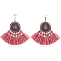 Deja Jewels Bohemian Ibiza oorbellen hangers met katoenen kwastjes kleur donkerroze