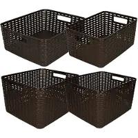 Forte Plastics Set van 4x stuks opbergboxen/opbergmandjes rotan donkerbruin kunststof - Opbergbox