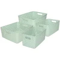Forte Plastics Set van 4x stuks opbergboxen/opbergmandjes rotan mintgroen kunststof - Opbergbox