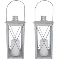 Fancy flames Set Van 2x Stuks Zilveren Tuin Lantaarn/windlicht Van Zink 17,2 X 17,2 X 36,5 Cm - Lantaarns