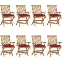 vidaXL Tuinstoelen 8 st met wijnrode kussens massief teakhout