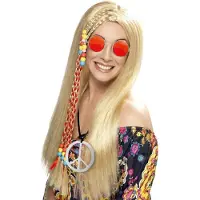 Smiffys Flower Power Hippie Sixties set - blonde pruik - ronde oranje bril - peace teken ketting