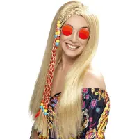 Smiffys Dames Flower Power Hippie Sixties verkleed set blonde pruik en ronde oranje bril