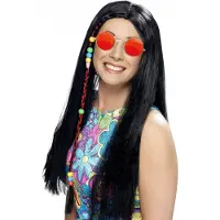 Smiffys Dames Flower Power Hippie Sixties verkleed set zwarte pruik en ronde oranje bril