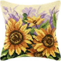 Kanex - Borduurpakket Kussen - Zonnebloemen in het Weiland - Geprint stramien - 4.5 count - Voor volwassenen - 9124