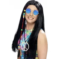 Smiffys Dames Flower Power Hippie Sixties verkleed set zwarte pruik en ronde blauwe bril en peace teken ketting