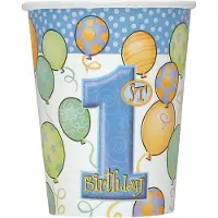 Unique Bekers 1e verjaardag bedrukt : blauwe ballonnen (8 bekers)