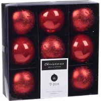 Bellatio 9x Kerstboomversiering luxe kunststof kerstballen rood 6 cm -