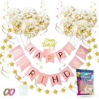 Fissaly Verjaardag Slinger Roze & Goud met Papieren Confetti Ballonnen – Decoratie – Happy Birthday - Letterslinger