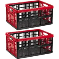 PlasticForte Boodschappenkrat - 2x stuks - 32L - 48 x 35 x 24 cm - vouwkrat - opvouwbaar - zwart/rood