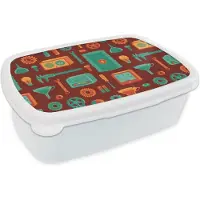 MuchoWow Broodtrommel Wit - Lunchbox Patroon - Retro - Gereedschap - Brooddoos 18x12x6 cm - Brood lunch box - Broodtrommels voor kinderen en volwassenen