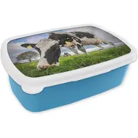 MuchoWow Broodtrommel Blauw - Lunchbox - Brooddoos - Koeien - Labels - Dieren - 18x12x6 cm - Kinderen - Jongen
