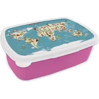 MuchoWow Broodtrommel Roze - Lunchbox - Brooddoos - Wereldkaart Kinderen - Aarde - Symbolen - 18x12x6 cm - Kinderen - Meisje