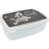 MuchoWow Broodtrommel Wit - Lunchbox - Brooddoos - Vintage Europakaart met de tekst Let's go travel - zwart wit - 18x12x6 cm - Volwassenen