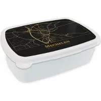 MuchoWow Broodtrommel Wit - Lunchbox - Brooddoos - Kaart - Mechelen - Zwart - Goud - 18x12x6 cm - Volwassenen