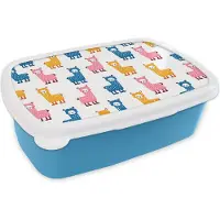 MuchoWow Broodtrommel Blauw - Lunchbox - Brooddoos - Lama - Dieren - Patronen - Roze - Blauw - 18x12x6 cm - Kinderen - Jongen