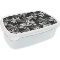 MuchoWow Broodtrommel Wit - Lunchbox - Brooddoos - Zwart - Wit - Patronen - Bladeren - Natuur - 18x12x6 cm - Volwassenen