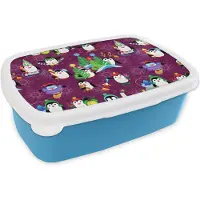 MuchoWow Broodtrommel Blauw - Lunchbox - Brooddoos - Pinguïn - Kerstmis - Vuurwerk - Winter - Design - 18x12x6 cm - Kinderen - Jongen