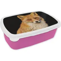 MuchoWow Broodtrommel Roze - Lunchbox - Brooddoos - Vos - Rood - Zwart - 18x12x6 cm - Kinderen - Meisje