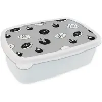 MuchoWow Broodtrommel Wit - Lunchbox - Brooddoos - Donut - Patronen - Koffie - Zwart Wit - 18x12x6 cm - Volwassenen