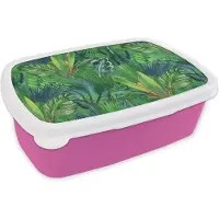 MuchoWow Broodtrommel Roze - Lunchbox - Brooddoos - Bladeren - Tropisch - Patronen - 18x12x6 cm - Kinderen - Meisje