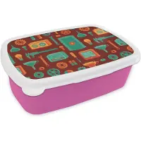 MuchoWow Broodtrommel Roze - Lunchbox Patroon - Retro - Gereedschap - Brooddoos 18x12x6 cm - Brood lunch box - Broodtrommels voor kinderen en volwassenen