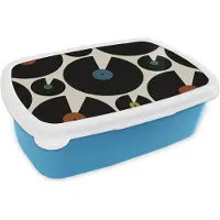 MuchoWow Broodtrommel Blauw - Lunchbox - Brooddoos - Muziek - Platen - Patronen - 18x12x6 cm - Kinderen - Jongen