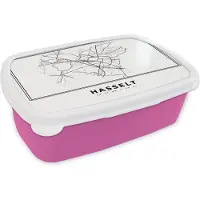 MuchoWow Broodtrommel Roze - Lunchbox - Brooddoos - België – Hasselt – Stadskaart – Kaart – Zwart Wit – Plattegrond - 18x12x6 cm - Kinderen - Meisje