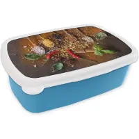 MuchoWow Broodtrommel Blauw - Lunchbox - Brooddoos - Lepels - Kruiden - Chilipeper - Specerijen - 18x12x6 cm - Kinderen - Jongen